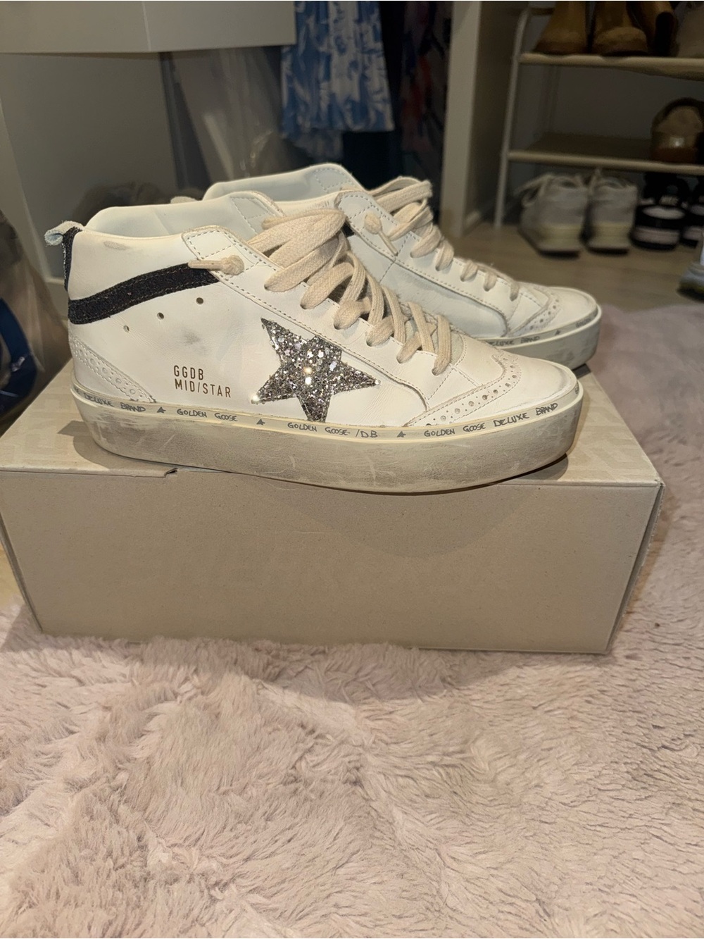 Golden Goose White High-Top Sneakers with Silver Glitter Star